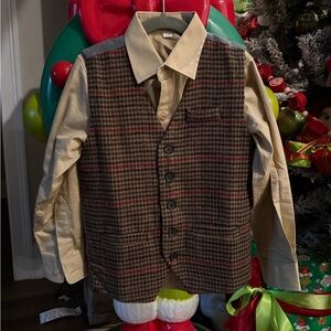 Me & Henry Brown and Red Plaid Vest with Beige Shirt